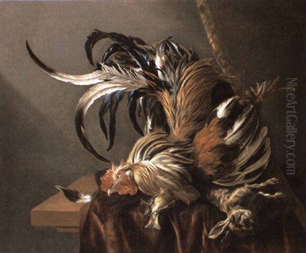 Still Life Of A Cockerel, Greenfinch And Hare On A Table Oil Painting by Cornelis van Lelienbergh