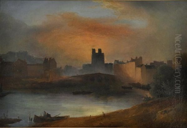 Vue Du Port Au Coucher De Soleil Oil Painting by Charles Nicolas Lemercier