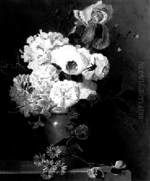 A Still Life With Flowers In A Vase On A Ledge Oil Painting by Elisa-Emilie Lemire
