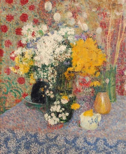 Vases De Fleurs Sur Une Table Oil Painting by Georges Lemmen