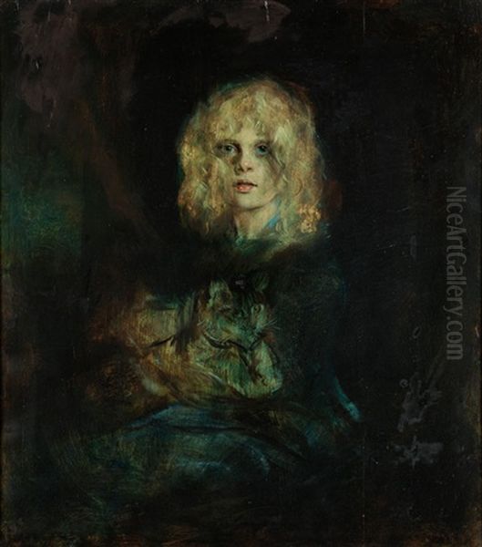 Marion Mit Katze Oil Painting by Lenbach Franz Von