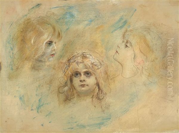 Three Angels' Heads, Marion Oil Painting by Lenbach Franz Von