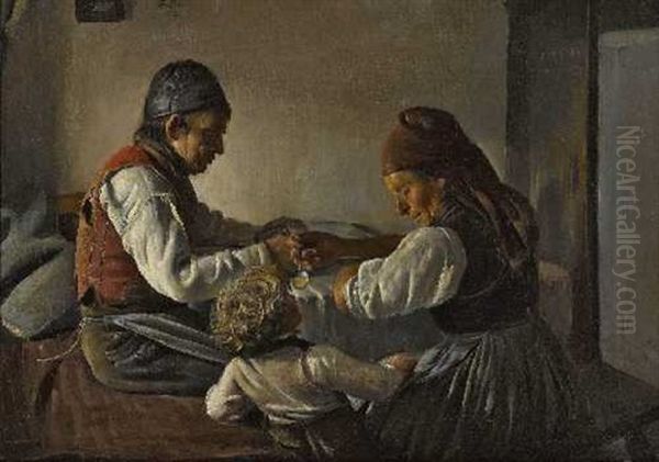 Taglohnerfamilie Am Mittagstisch Oil Painting by Franz Seraph von Lenbach