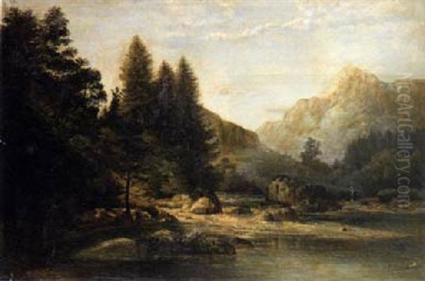 A Mountainous River Landscape Oil Painting by Franz Seraph von Lenbach