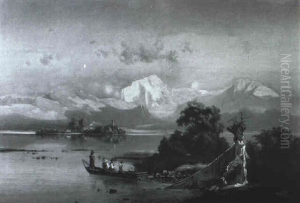 Chiemsee Mit Fraueninsel... Oil Painting by Lenbach Franz Von
