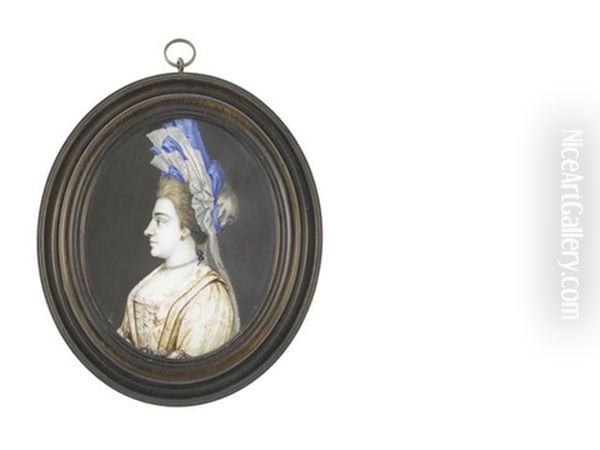 A Lady Called, Catherine Wood, In Profile To The Left, Wearing Embroidered Gold Dress With Crimson Detail To The Bodice Over White Lace Slip, Jewels To Her Sleeves And Waistband Oil Painting by Bernard (Goupy) Lens III