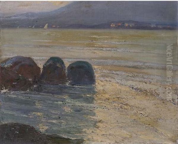 Marina Con Paese Costiero Oil Painting by Giovanni Lentini