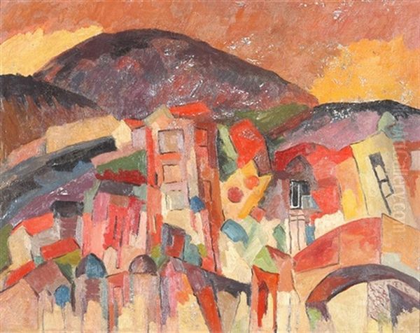 Hugellandschaft, Im Vordergrund Eine Stadt Oil Painting by Aristarkh Vasilevich Lentulov