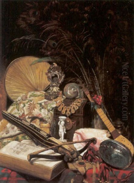 Stilleben Mit Pfauenfedern, Armbrust, Foliant, Figurine Oil Painting by Maximilian Lenz