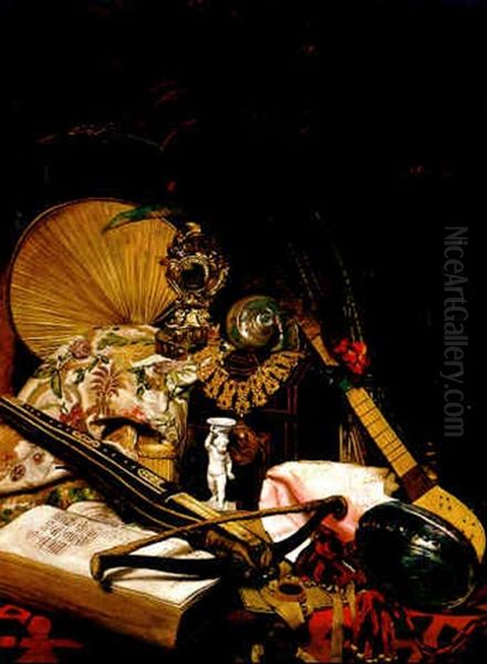 Stilleben Mit Armbrust, Aufgeschlagenem Foliant, Pergamenturkunde, Muschel Und Saiteninstrument Oil Painting by Maximilian Lenz