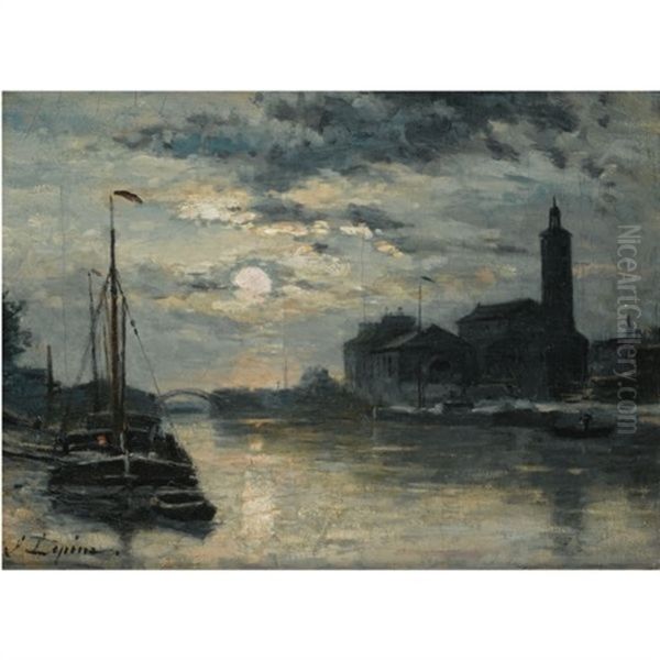 Le Canal De L'ourcq, L'eglise Saint-christophe, Vue Du Quai De La Marne. Effet De Lune Oil Painting by Stanislas Lepine