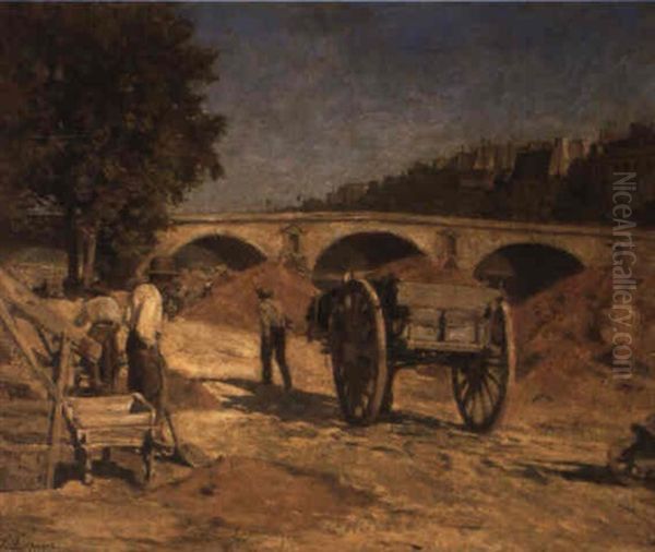 Ouvriers Au Bord De La Seine, Paris Oil Painting by Stanislas Lepine