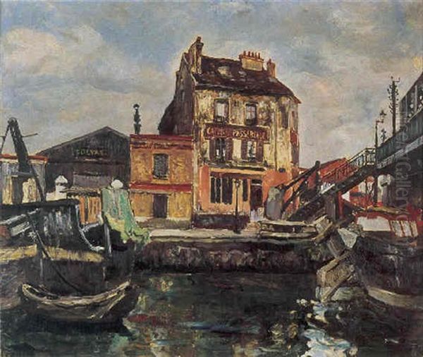 Le Cafe De La Passerelle Sur Le Canal De La Villette Oil Painting by Marcel Leprin