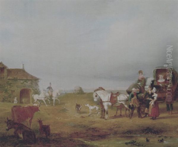 An Open Landscape With A Horse And Carriage Halted Beside A Pond, With Animals And An Inn Nearby Oil Painting by Auguste-Xavier Leprince