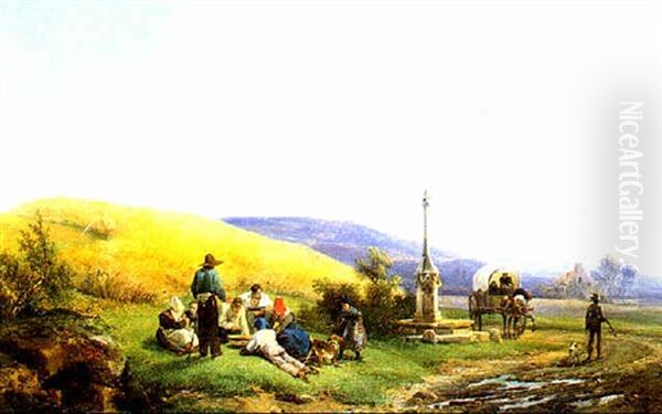Le Repos Des Paysans Pres Du Calvaire Oil Painting by Auguste-Xavier Leprince
