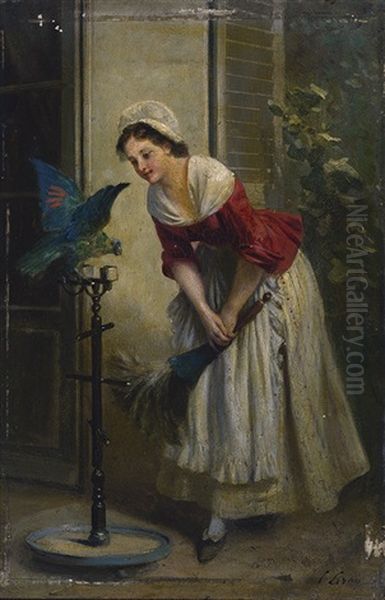 La Soubrette Et Le Perroquet Oil Painting by Prudent Louis Leray