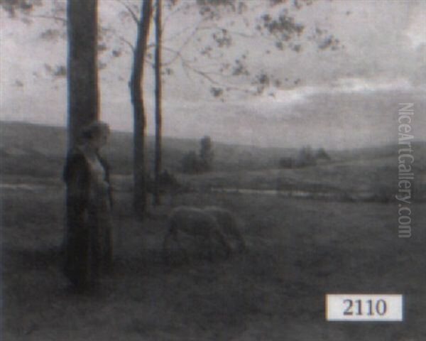 Maiden In A Landscape With Sheep Oil Painting by Henry Lerolle