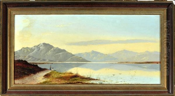 Angler Am See In Weiter Gebirgslandschaft Oil Painting by Charles Leslie