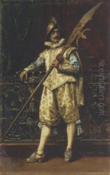 A Cavalier In An Interior Oil Painting by Adolphe Alexandre Lesrel