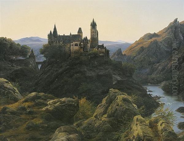 Landschaft Mit Burg (burresheim Bei Mayen In Der Eifel?) Oil Painting by Karl Friedrich Lessing