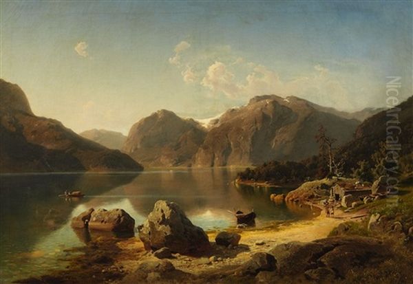 Morning Over A Mountainous Norwegian Landscape Oil Painting by August Wilhelm Leu