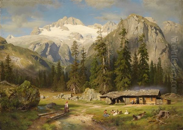 Eine Almwirtschaft Oil Painting by August Wilhelm Leu