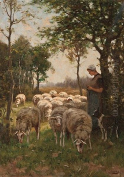 Shepherdess With Flock Oil Painting by Johannes Karel Leurs
