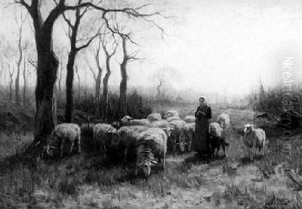 A Shepherdess With Her Flock Oil Painting by Johannes Karel Leurs