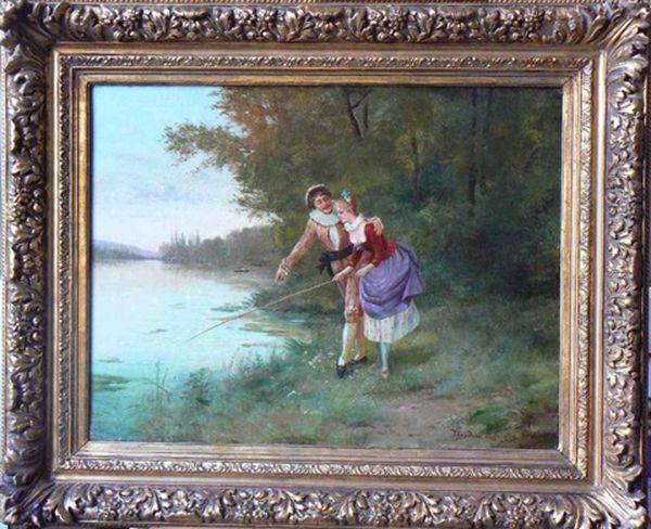La Lecon De Peche Oil Painting by Theodore Levigne