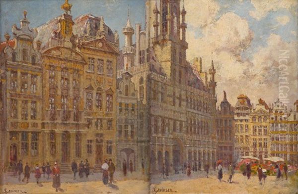 Marche Aux Fleurs (+ Grand Place Animee A Bruxelles; 2 Works) Oil Painting by Sophus Theobald Levinsen