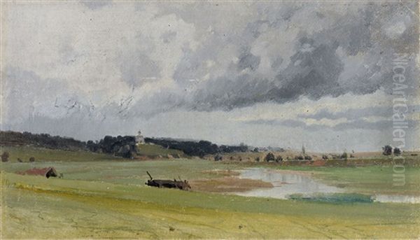 Blick Uber Eine Ebene Mit Spiegelndem Gewasser Auf Hugelzug Mit Kirchlein Oil Painting by Isaak Levitan