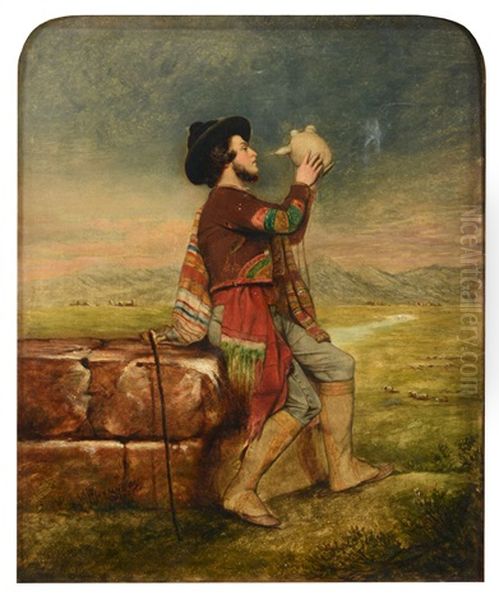 Spanish Shepherd Resting On A Wall, Drinking From A Jug Oil Painting by John Frederick Lewis