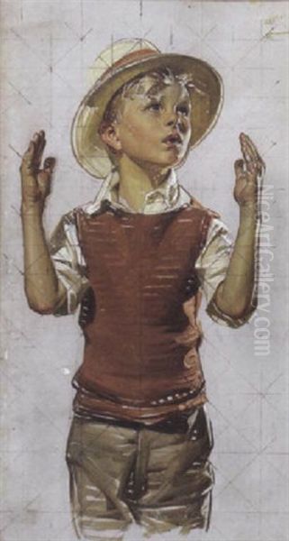 A Study Of A Boy Wearing A Hat With His Hands Raised Oil Painting by Joseph Christian Leyendecker