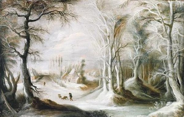A Winter Landscape With A Peasant Walking Through Snow, A Small Village In The Background Oil Painting by Gysbrecht Leytens