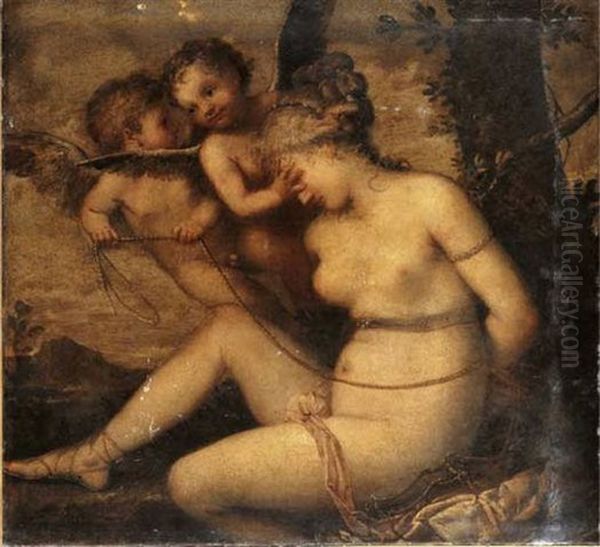Venus Being Bound By Two Putti Oil Painting by Pietro (Libertino) Liberi