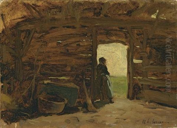 Bauersfrau In Einem Schuppen - Blick Aus Der Tur Auf Dunenlandschaft Oil Painting by Max Liebermann