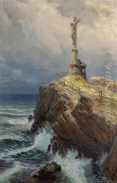 At A Wayside Devotional Pillar Oil Painting by Adolf Liebscher