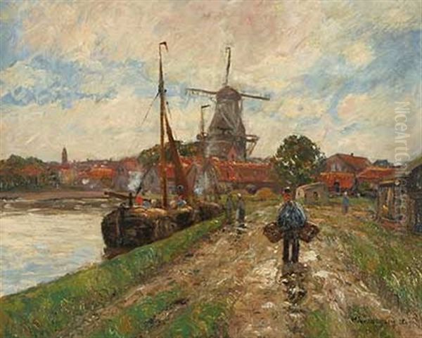 Lastenkahne An Niederrheinischer Stadt Oil Painting by Helmuth Liesegang