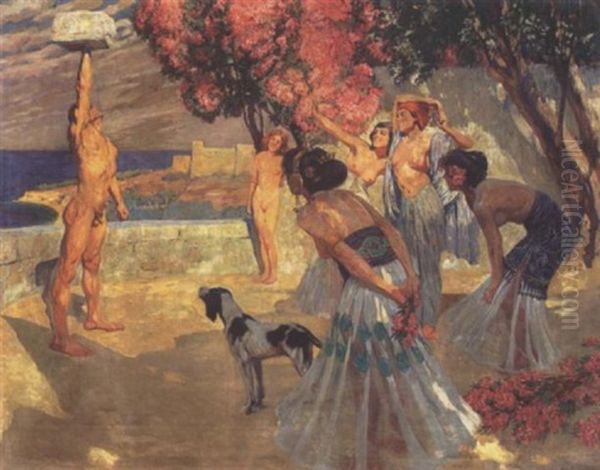 Haremsdamen Mit Steinstemmendem Adonis Auf Sudlicher Meeresterrasse Oil Painting by Hans Lietzmann