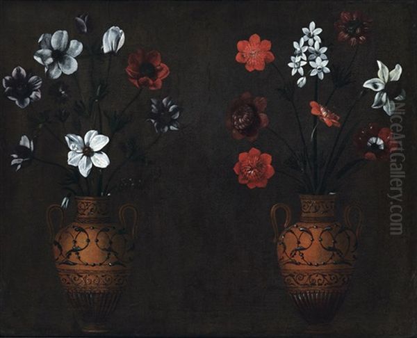 Zwei Braune Henkelvasen Mit Blumenstrausen Oil Painting by Jacopo Ligozzi