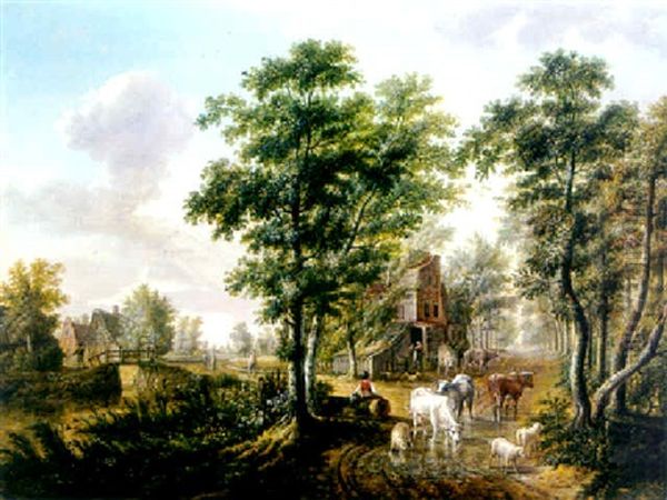 A Peasant Watering Cattle Near A Farmhouse, A Traveller Resting On A Tree Trunk Nearby, In A Wooded Landscape Oil Painting by Jan Van Limmen