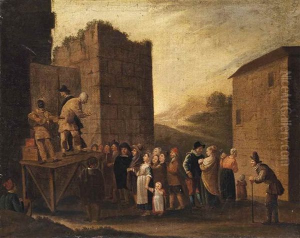 Actors Of Commedia Dell'arte Performing Before A Village Oil Painting by Johannes Lingelbach