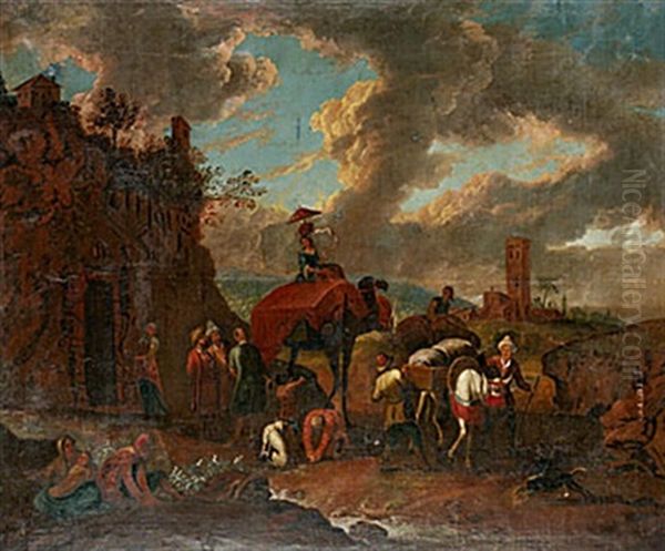 Sydlandsk Hamnbild Med Affarsman Oil Painting by Johannes Lingelbach