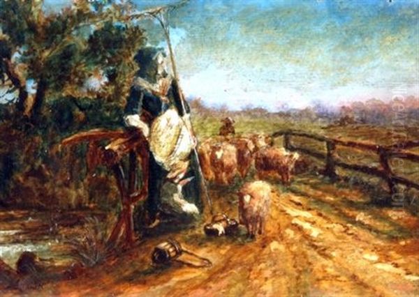 Farm Worker, Young Child And Sheep Oil Painting by John Linnell