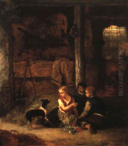 Enfants Et Leur Chien Dans L'etable Oil Painting by Willem Linnig the Elder
