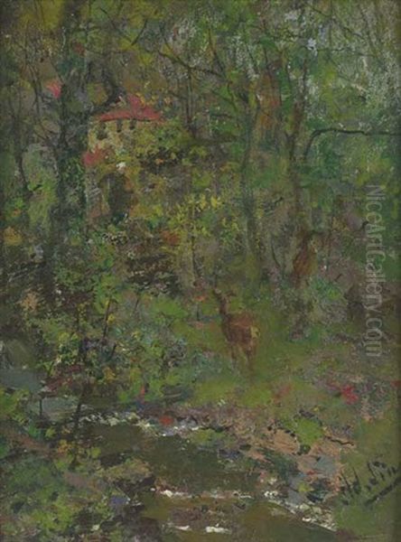 Reh An Einem Bachlauf Im Wald Oil Painting by Adolf Lins