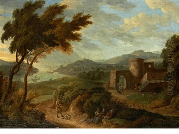 Travellers On A Country Path, A River Landscape Beyond Oil Painting by Hendrick Frans van Lint