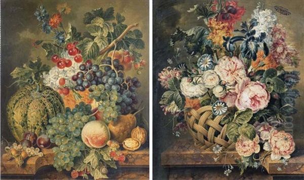 A Melon, White Grapes, Peaches, A Pear, Walnuts, Black Grapes And Cherries With Flowers And A Snail (+ Roses, Carnations, Irises, Cornflowers And Other Flowers; Pair) Oil Painting by Jacobus Linthorst