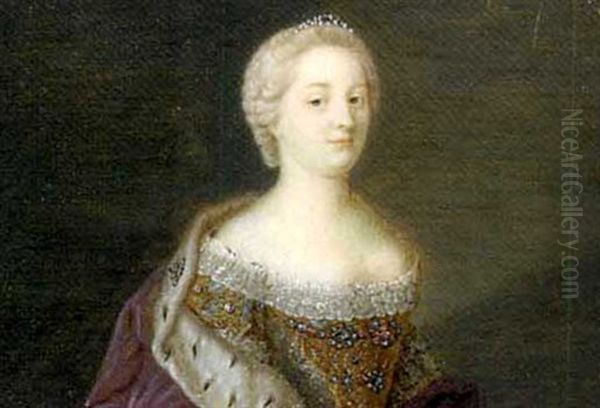 Maria Theresa Of Habsburg, Holy Roman Empress, In Lace-bordered White Silk Dress With Gold Bodice And Adorned With Jewelled Clasps, Ermine-bordered Purple Cloak ... Oil Painting by Jean Etienne Liotard