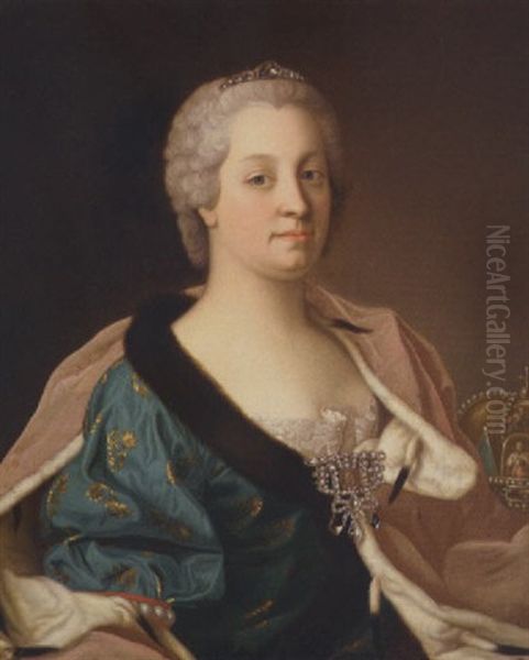 Portrait Of The Empress Maria Theresa In A Fur-lined Gown, Her Crown Beside Her Oil Painting by Jean Etienne Liotard
